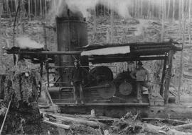 Steam donkey along Cheekye at Yapp's Logging Camp