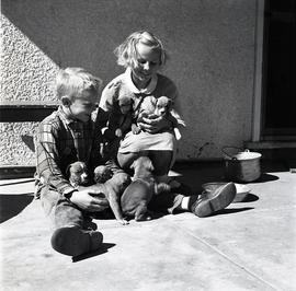 Children with puppies