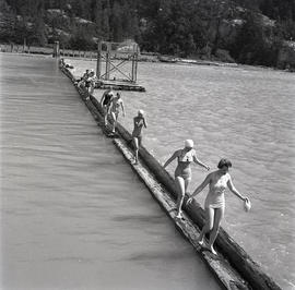 People crossing water on logs