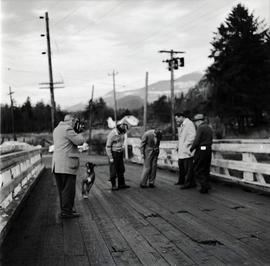 People and dog on bridge