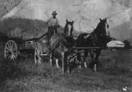 Marsh Hurren bringing home firewood in a hose-drawn cart