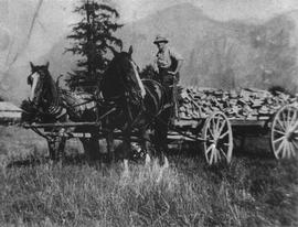 Marsh Hurren bringing home firewood in a hose-drawn cart